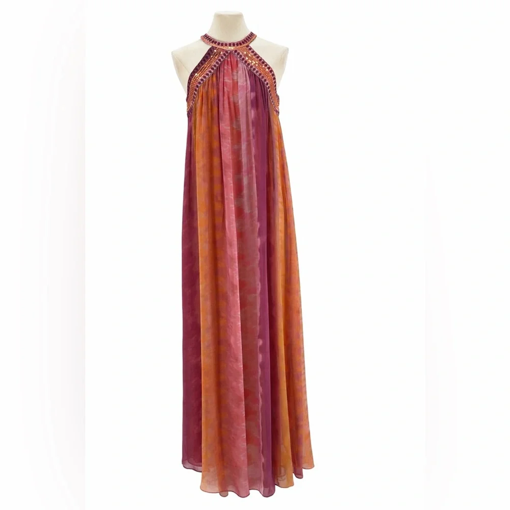 Zara Ombre Halter Maxi Pink Orange Flowing Chiffon Evening Summer Dress SZ XS - Picture 3 of 15
